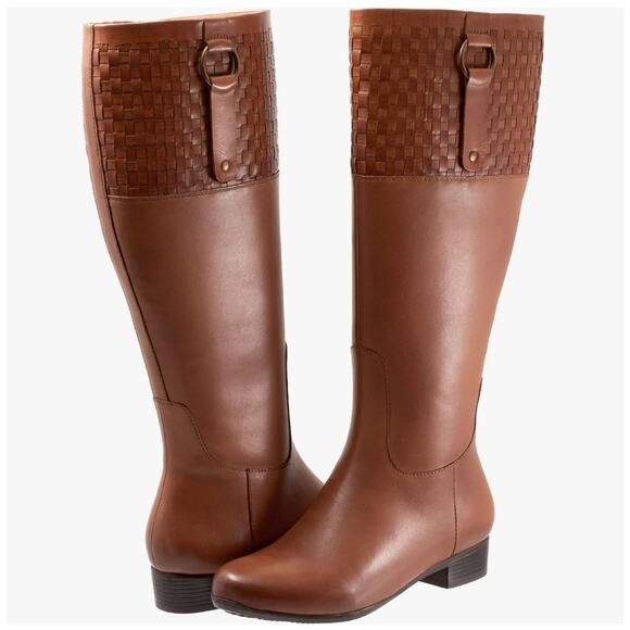 Trotters Morgan Leather Boots Luggage Size 11 Wide NWOB Woven Panel Strap Accent - Picture 1 of 14